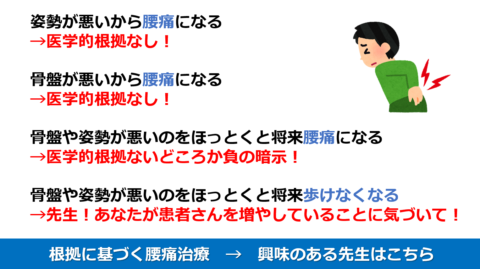姿勢が悪いから腰痛になる→医学的根拠なし